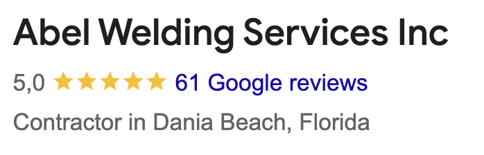 Abel Welding Services Inc Google reviews summary showing 5.0 stars and 61 Google reviews