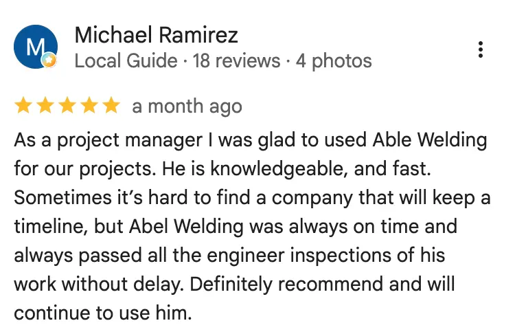 Google review from Michael Ramirez for Abel Welding Services